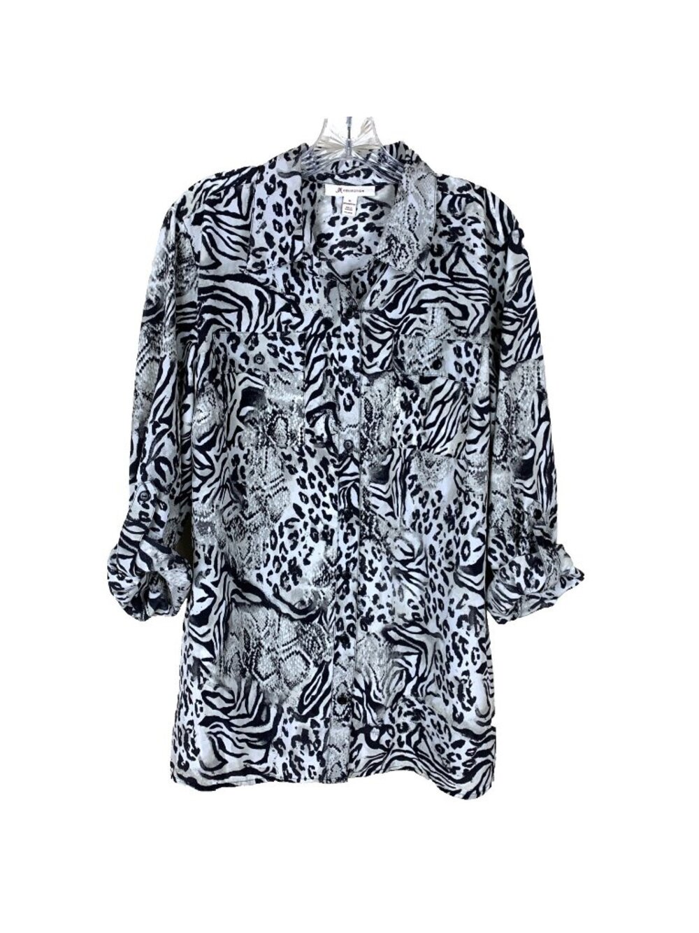 JM Collection Womens 16 Roll Tab Sleeve Tunic Button Up Animal Snake Print Top